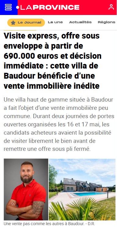 Article La Province — vente immobilière inédite d'une villa à Baudour